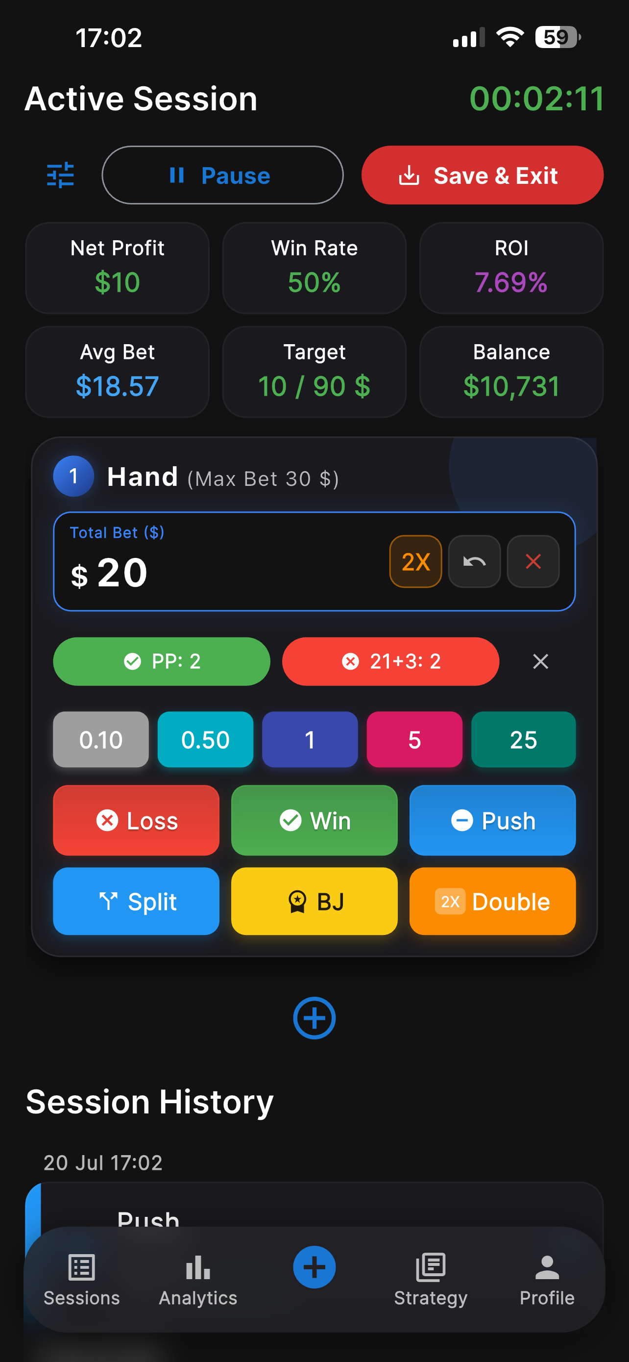 Blackjack Tracker active session with live hand-by-hand logging, net profit, win rate and ROI