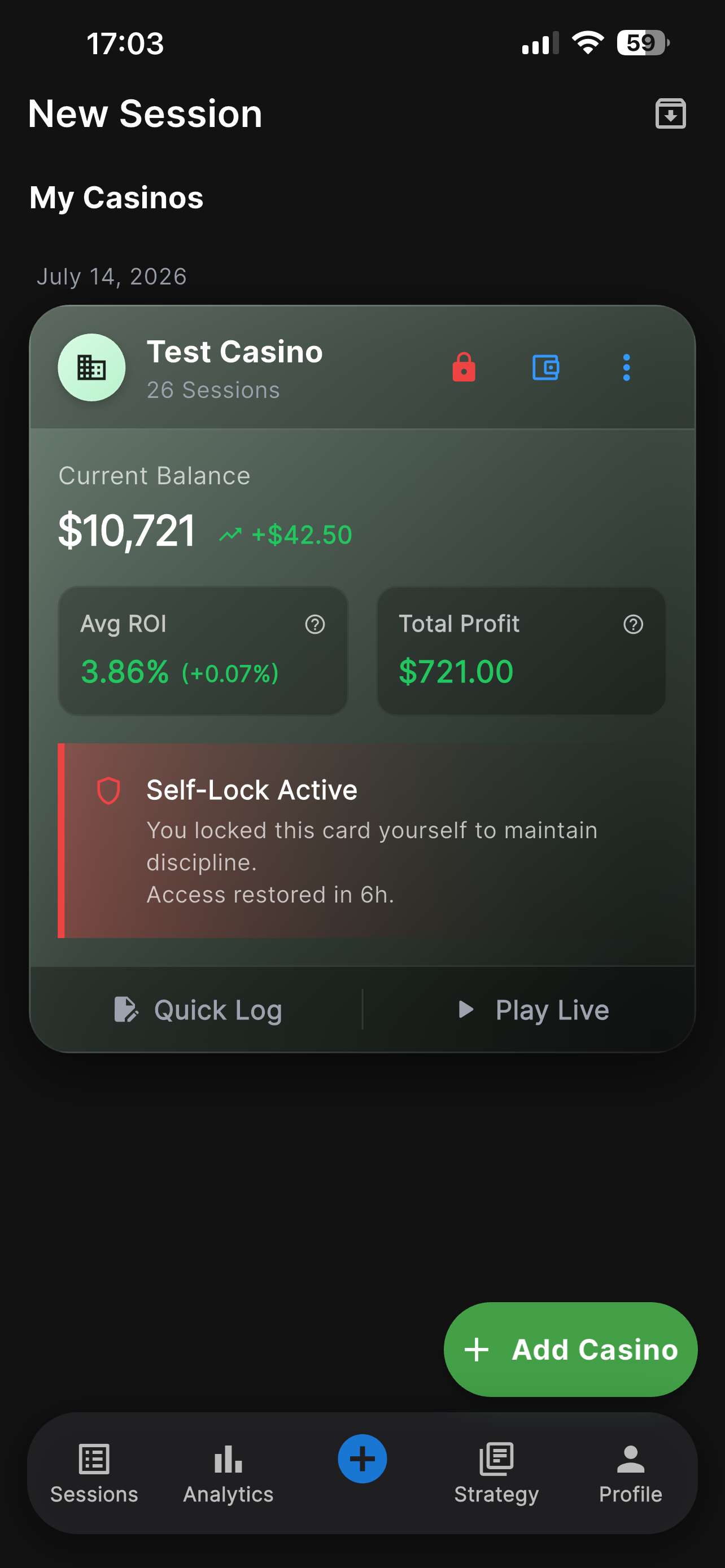A Casino Card with Self-Lock active, showing access restored in six hours