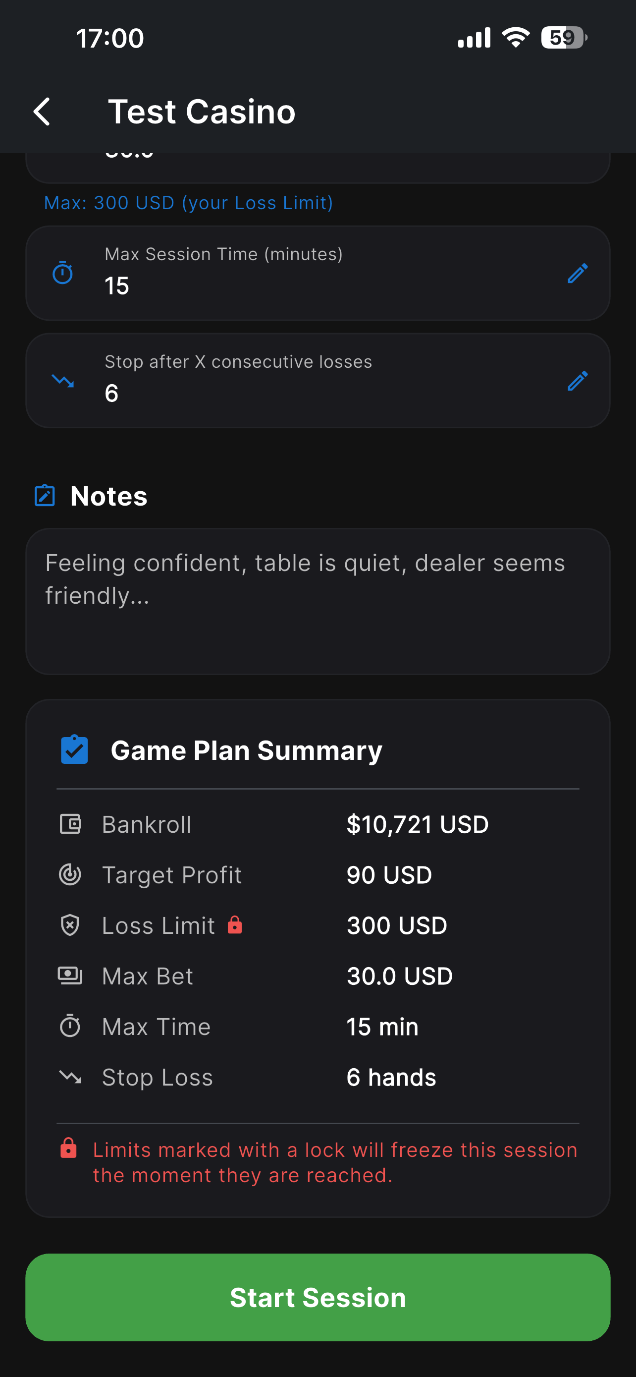 New session setup with target profit, loss limit and responsible play options